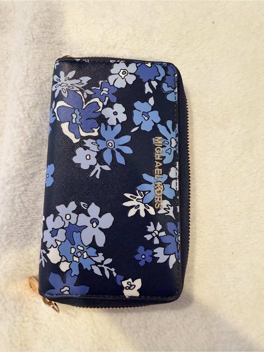 Michael Kors Navy Floral Zip Wallet with Gold Logo